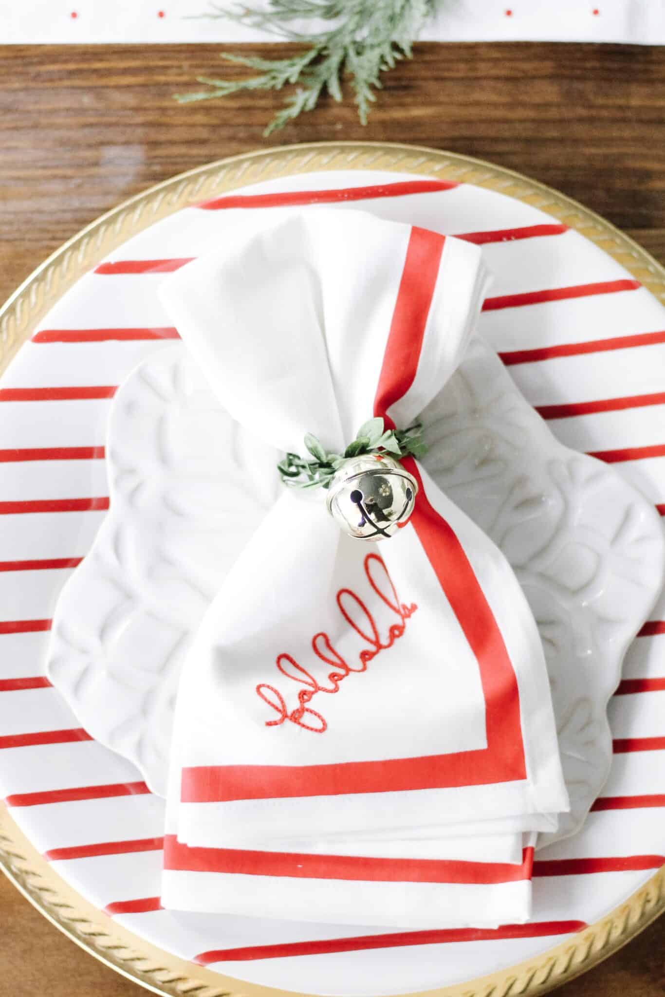 Falala napkin on red striped plate