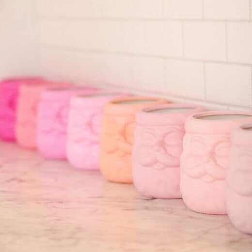 Pink Santa mugs all lined up