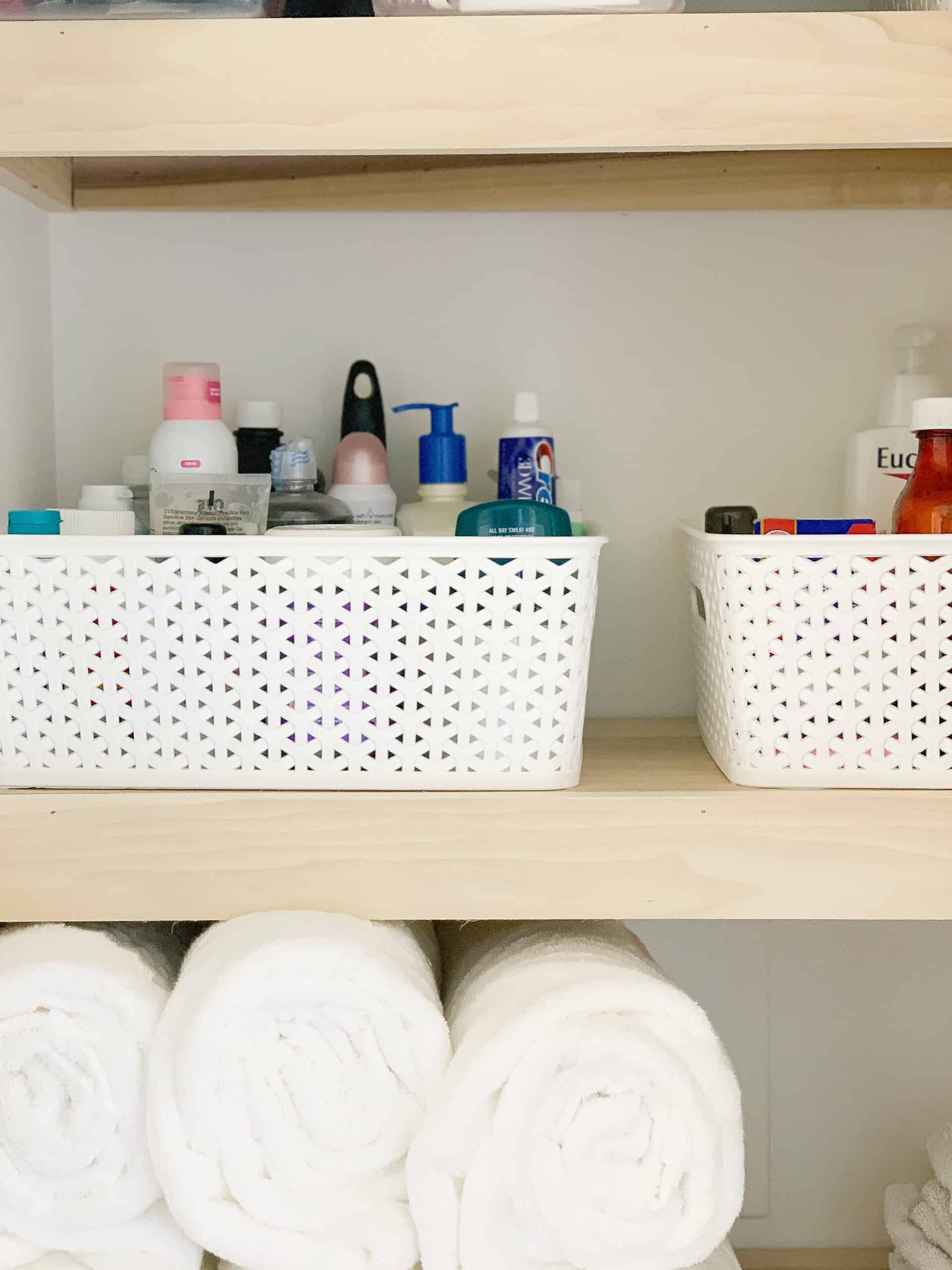 organized wood closet shelving 