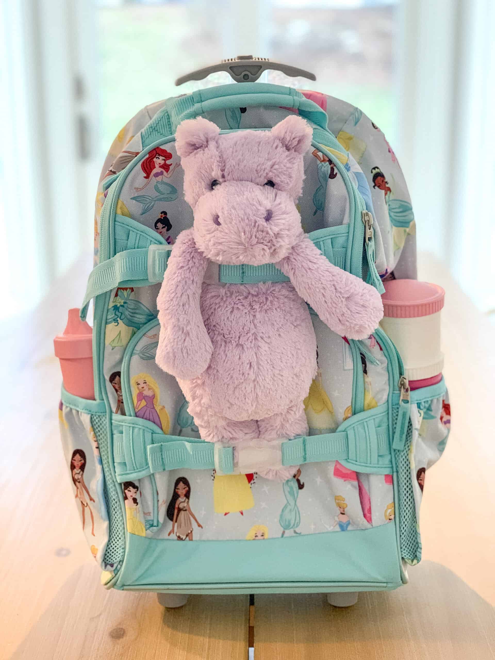 Pottery Barn rolling backpack with stuffed animal