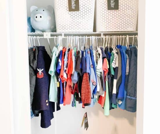 Shared sibling closet with organizational items