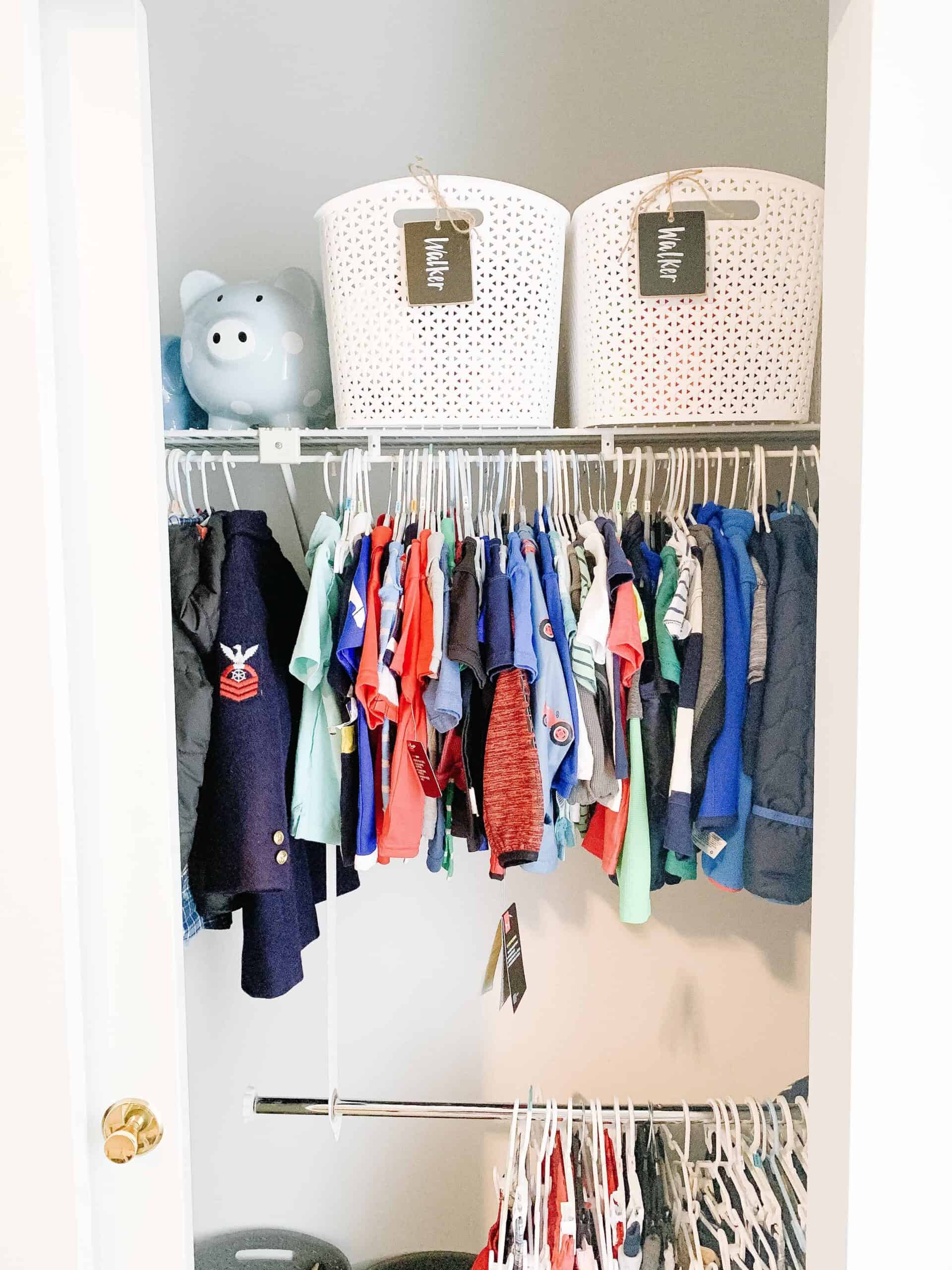 Shared sibling closet with organizational items