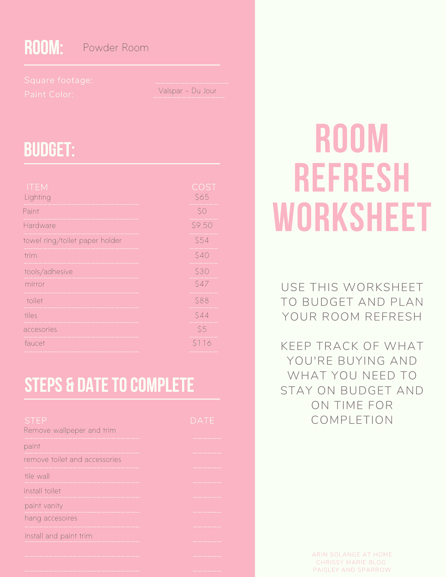 Room Refresh worksheet