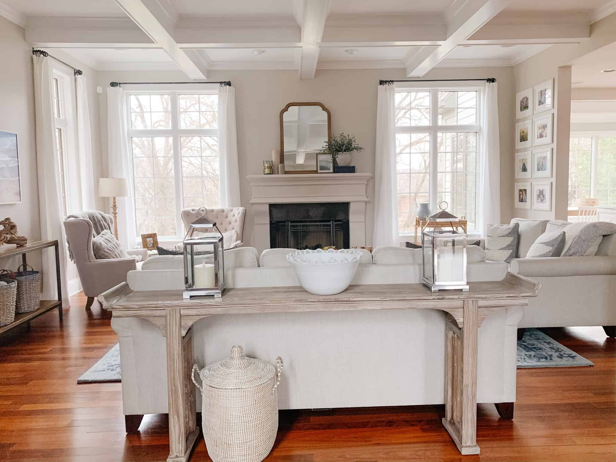 Coastal living room with coffered ceiling 