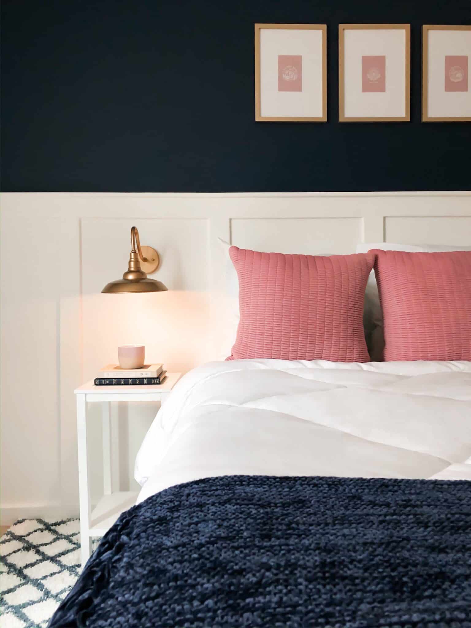 master bedroom with navy blue and pink 