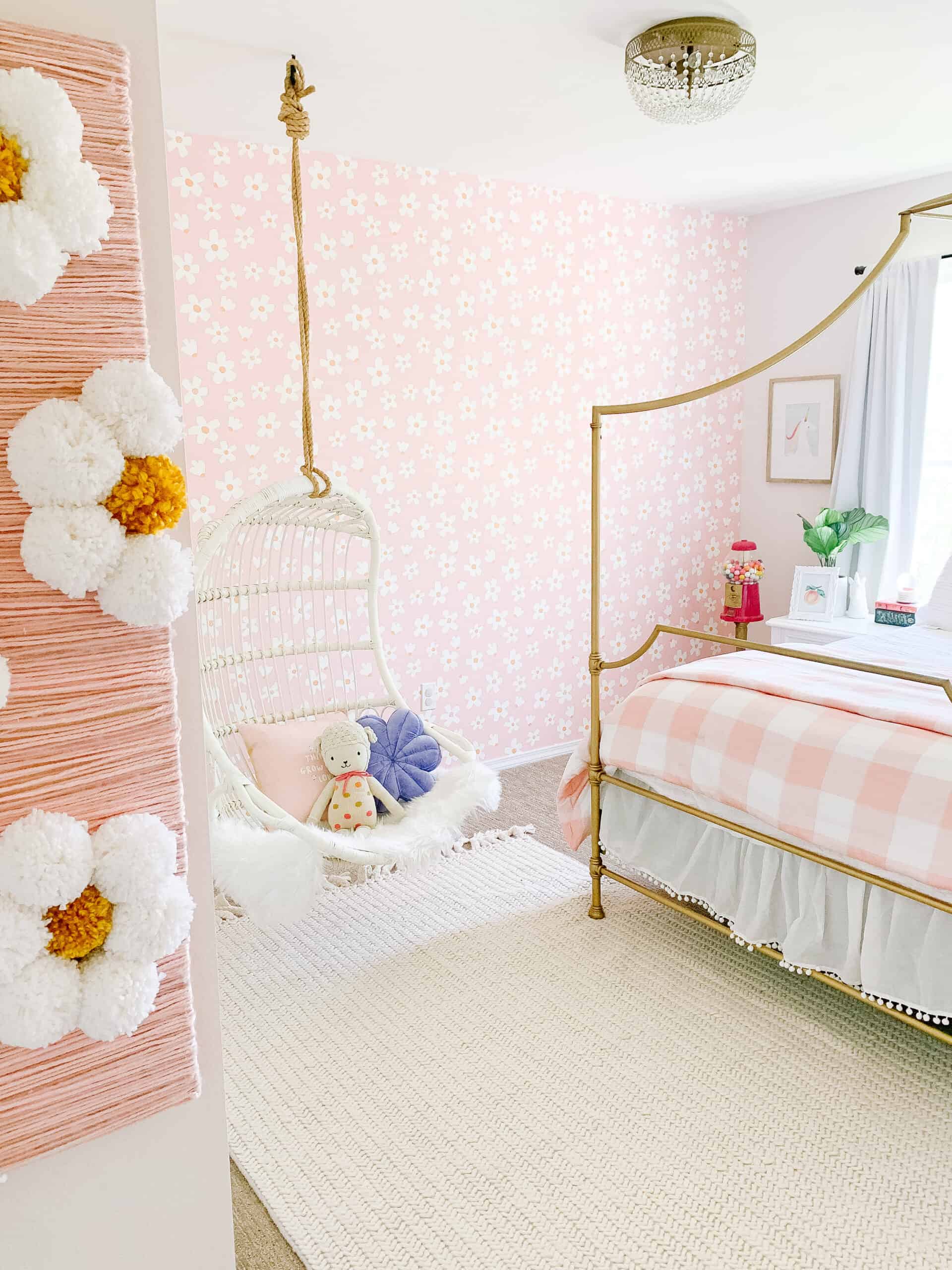 Little girls room with daisy wallpaper