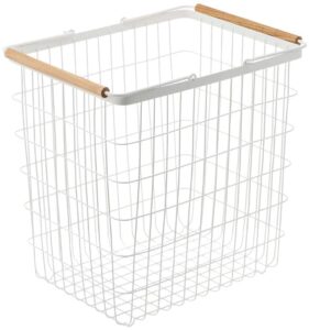 white metal laundry basket with wood handles