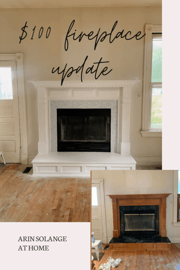 $100 fireplace update with peel and stick backsplash 