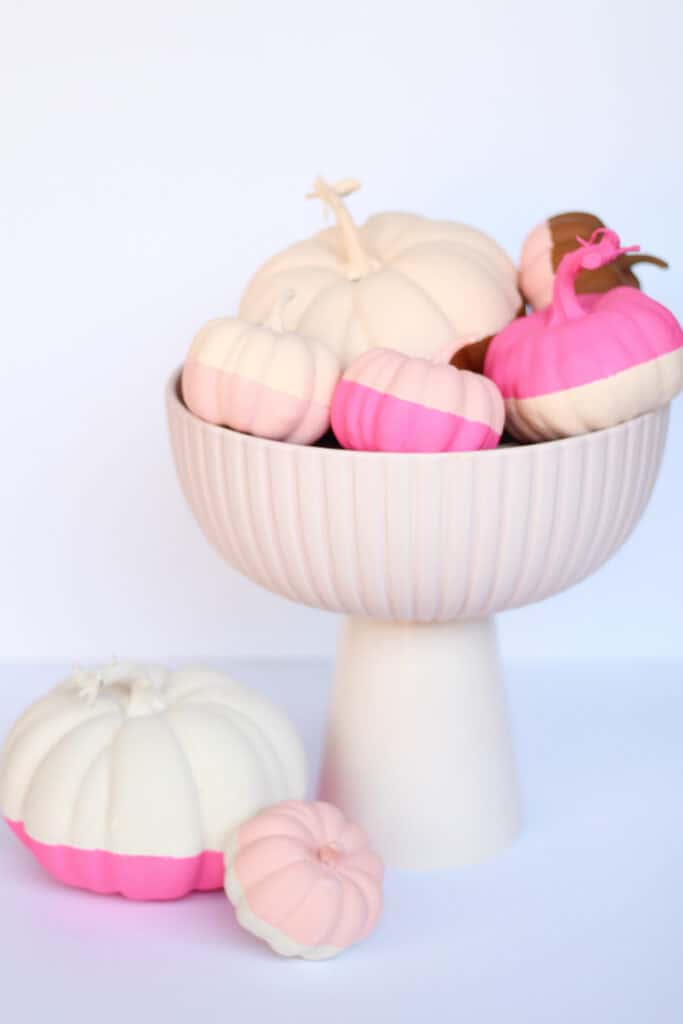 pink bowl with pink color block pumpkins