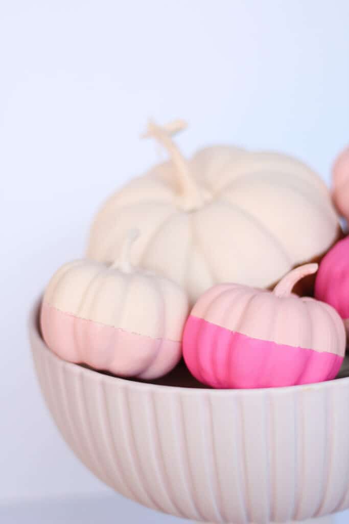 pink bowl filled with pumpkins