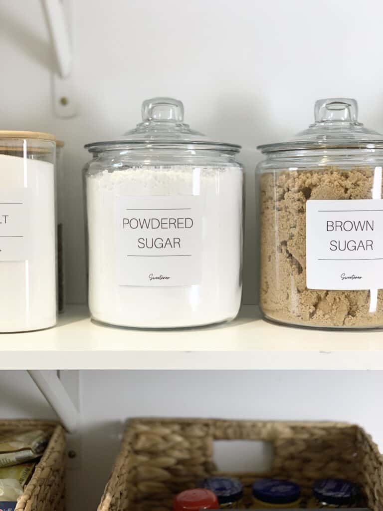 Pantry Shelves with canisters labeled