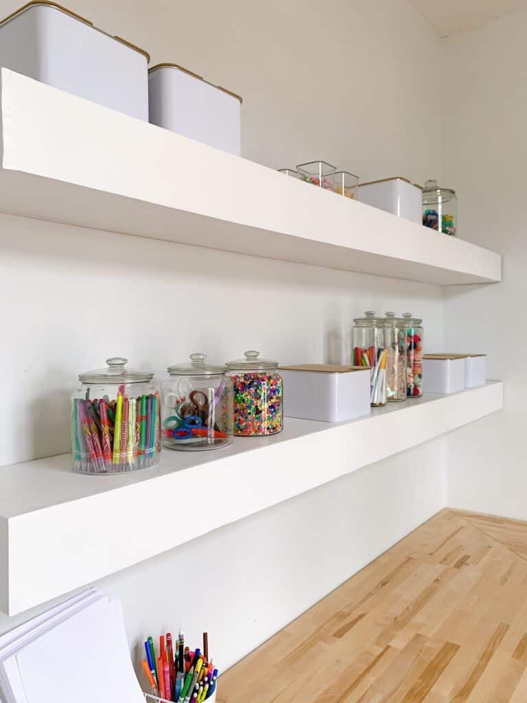 Long white shop floating shelves