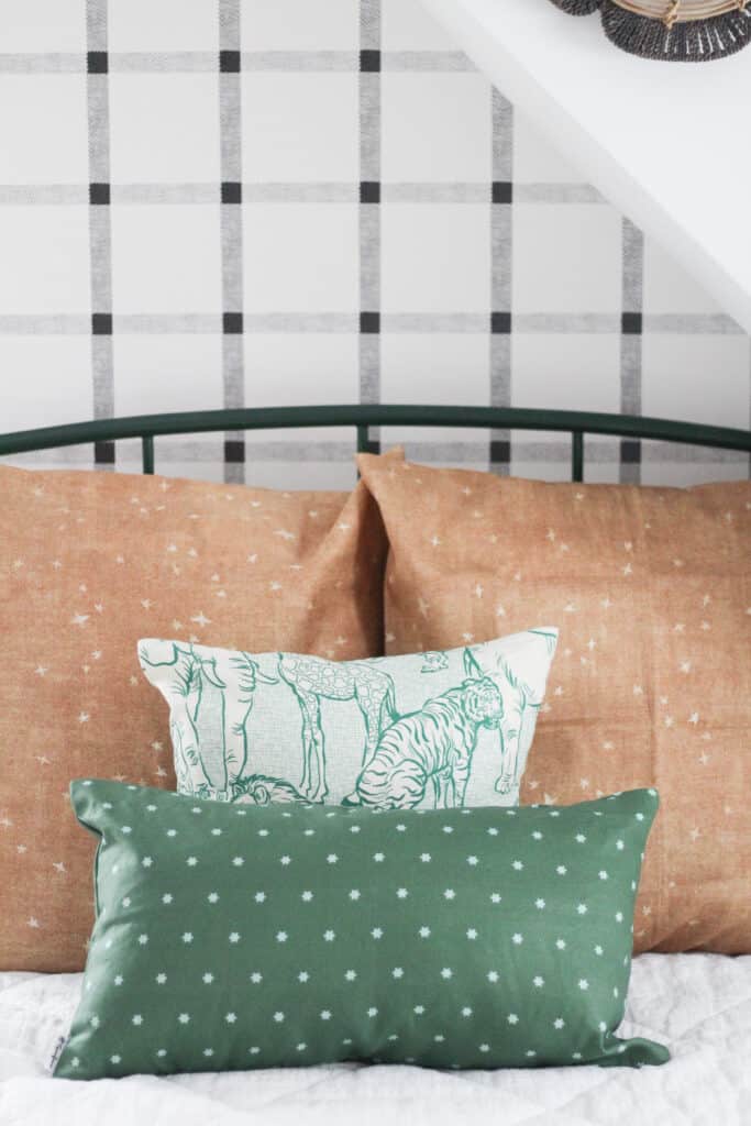 green and cognac bedding 