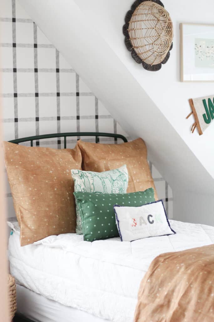 boys room in green, black and white, and tan 