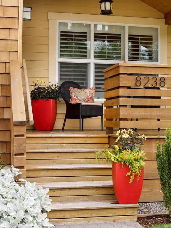 wood front porch railing and steps