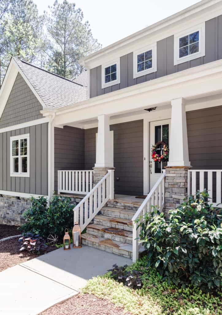 white craftsman style front porch railing 