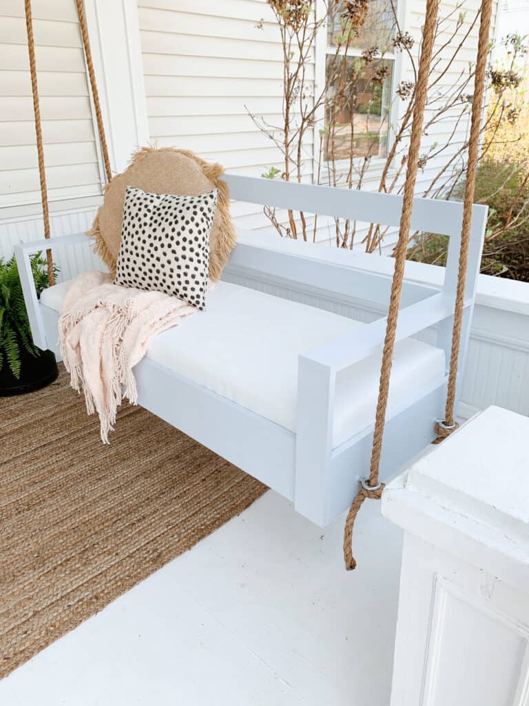 DIY porch swing in light blue grey