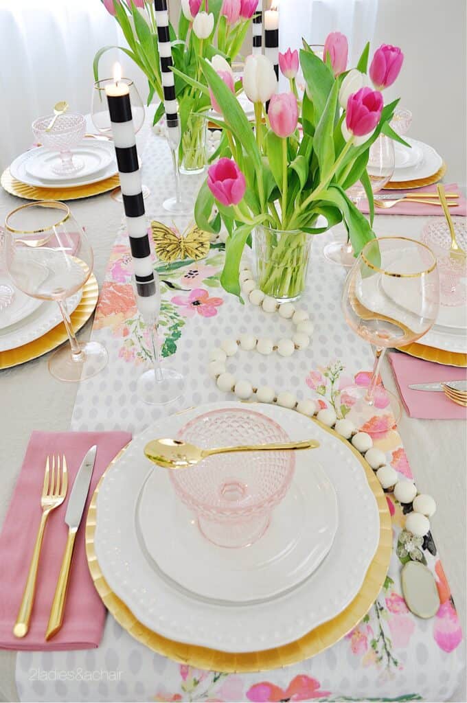 spring tablescape with black and white candles