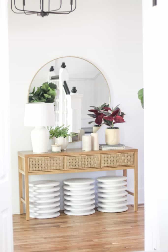 front entryway with modern decor and diy stools