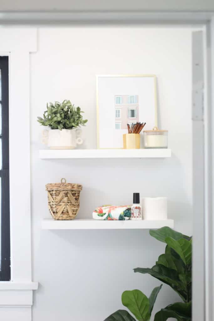 open shelving in a powder room 