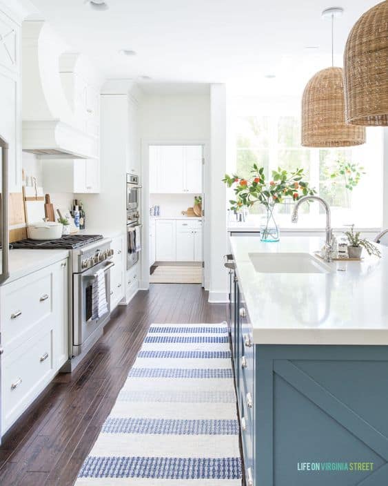 white and teal kitchen 