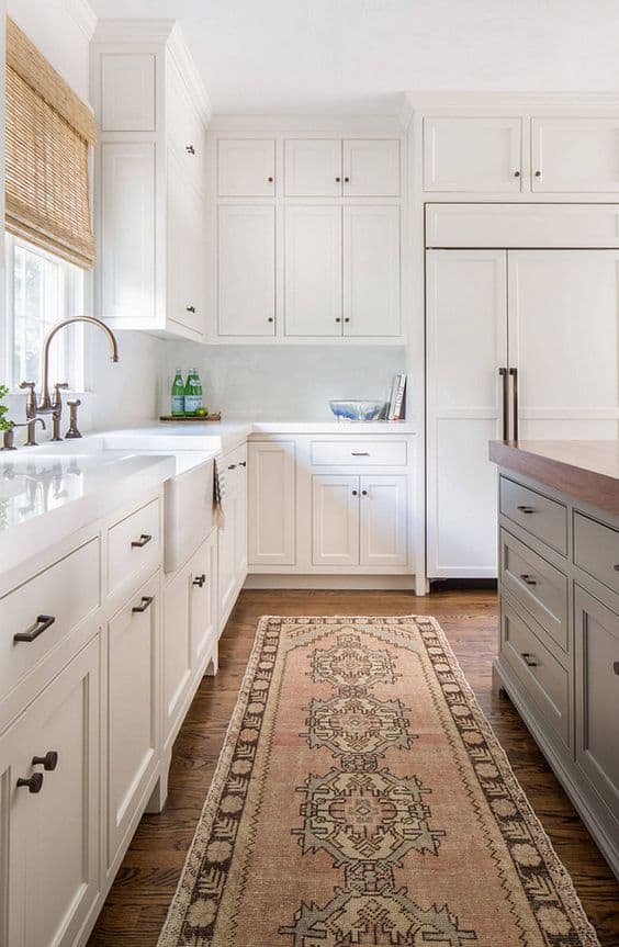 white kitchen with rug runner