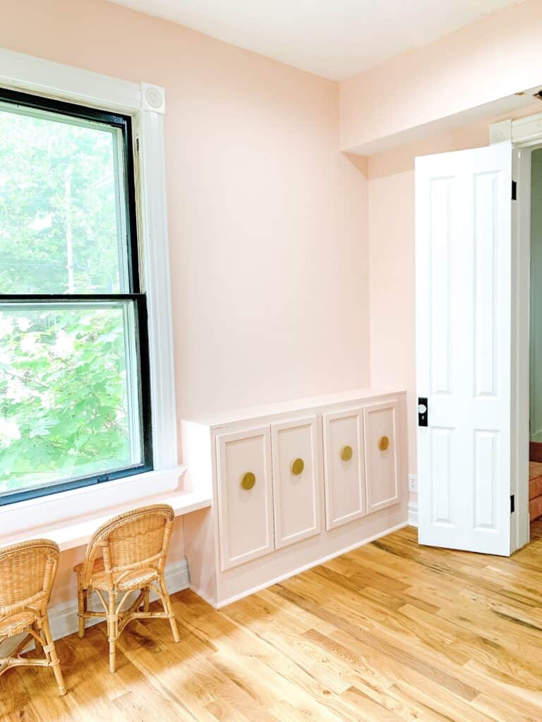 pink diy built in cabinets 