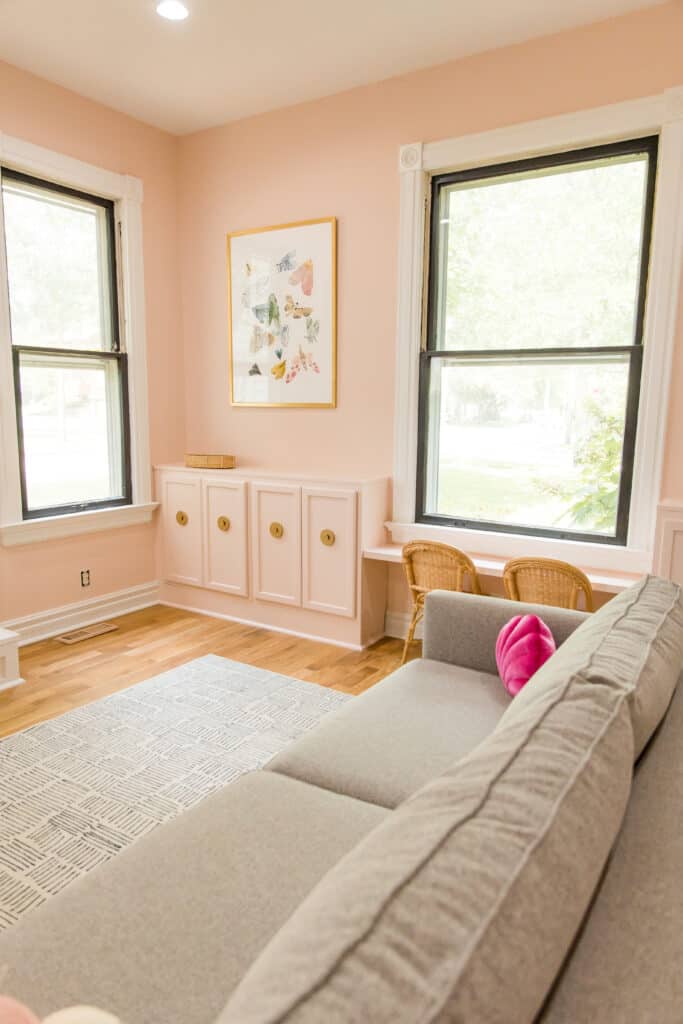 pink built ins with diy drawer pulls