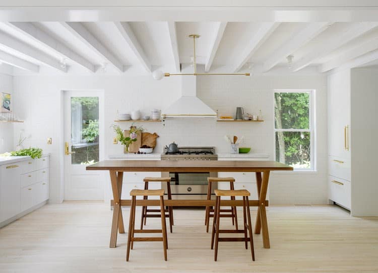 white exposed beams in white kitchen 