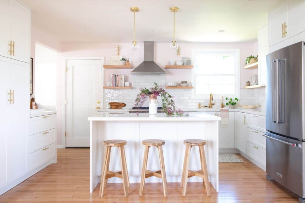 blush pink and white kitchen 