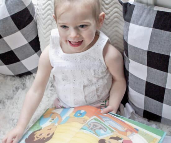 Toddler girl reading book