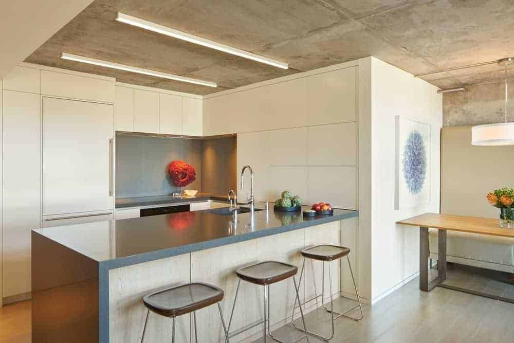 industrial style kitchen with white cabinets 