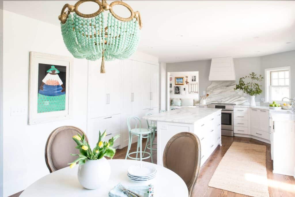 white kitchen with green light 