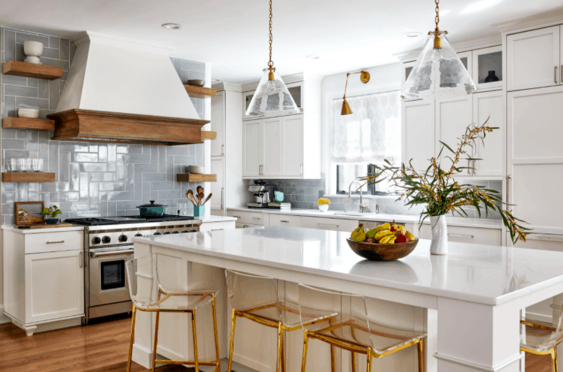 gorgeous blue backsplash in white kitchen 