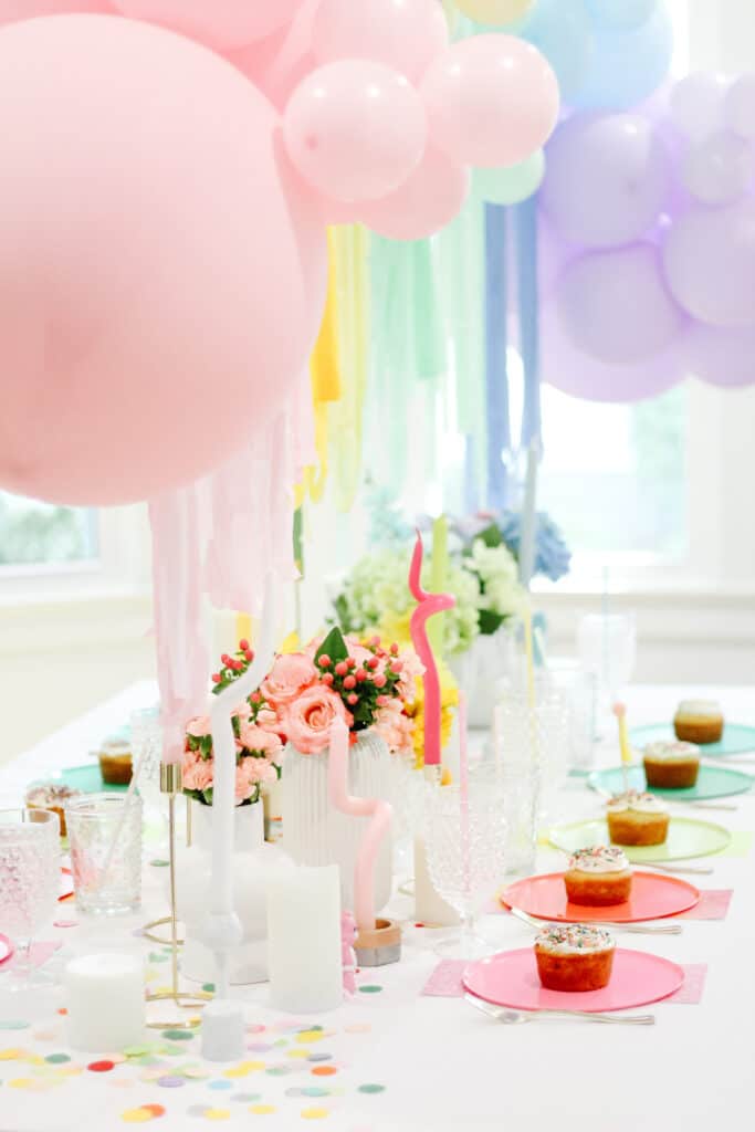 rainbow balloon tablescape 