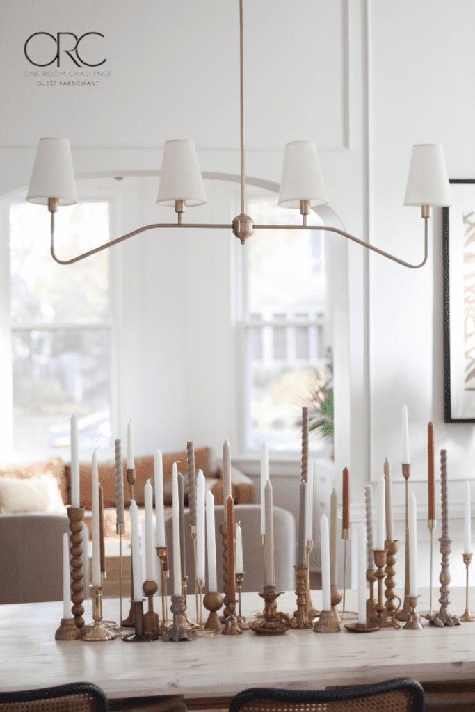 Dining Room with brass light fixture 