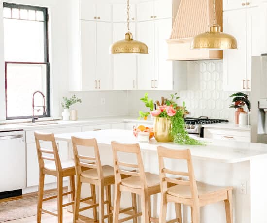 cozy white kitchen with pink hood