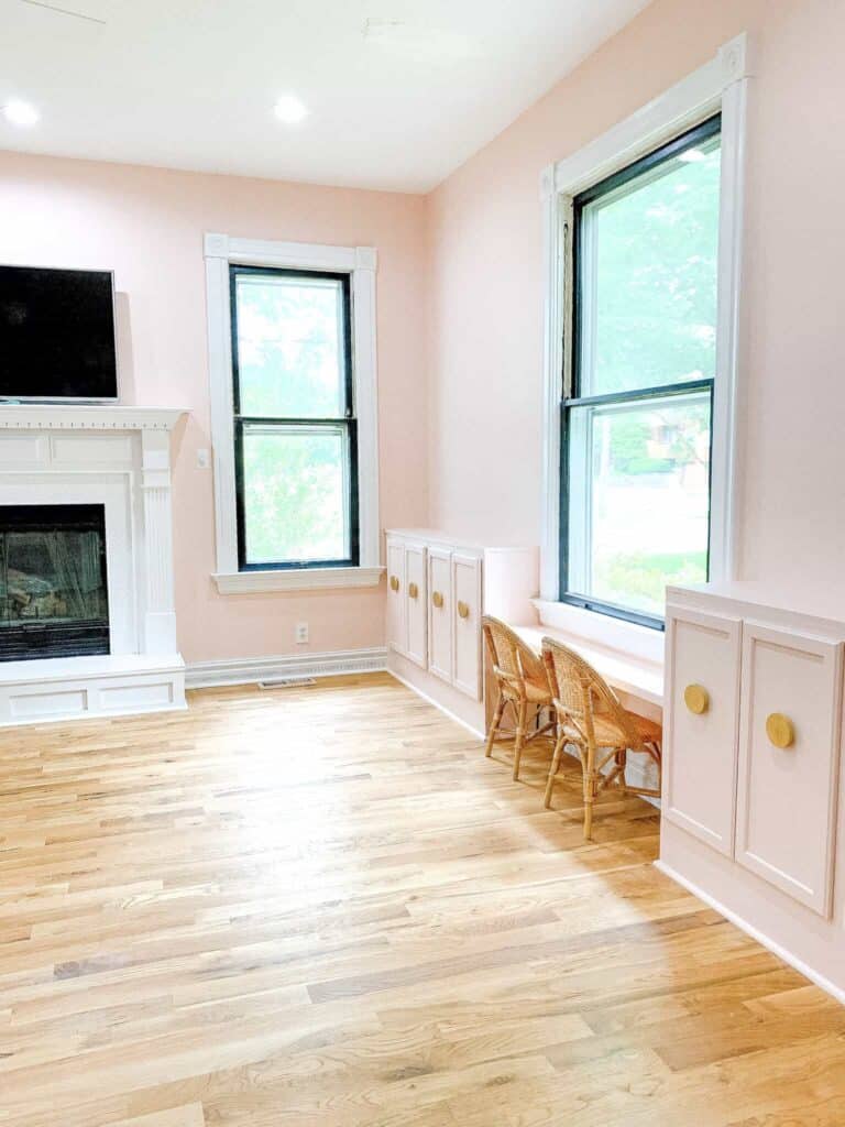 pink painted stock cabinets