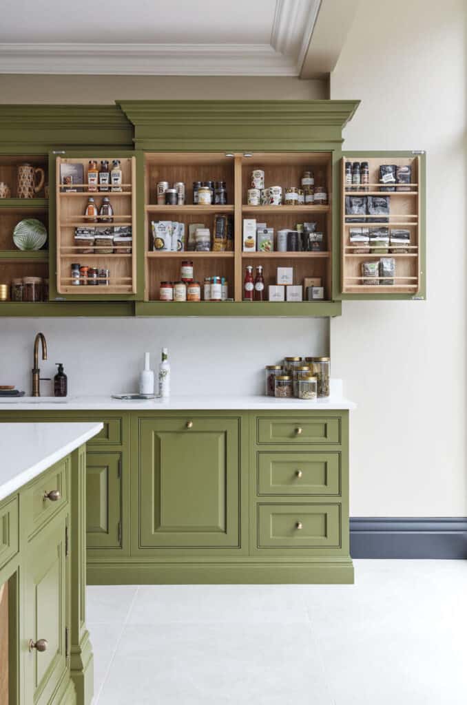green raised and recessed panel kitchen cabinets