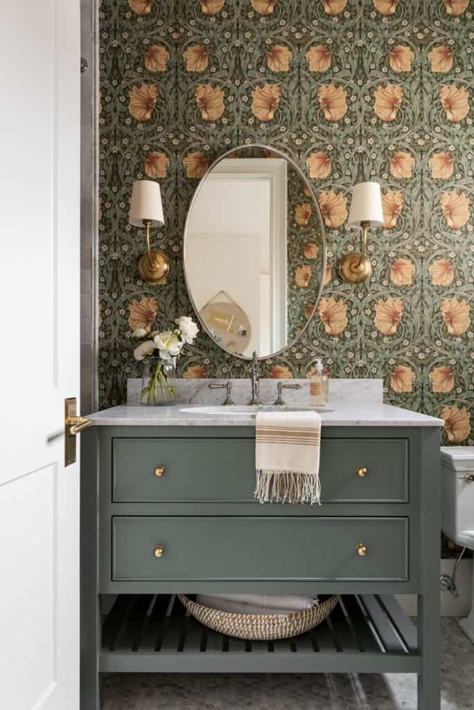 renovated powder bath with wallpaper