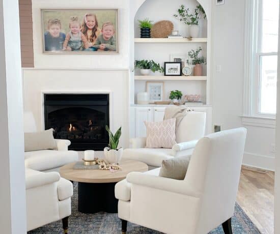 White living room with IKEA hack coffee table