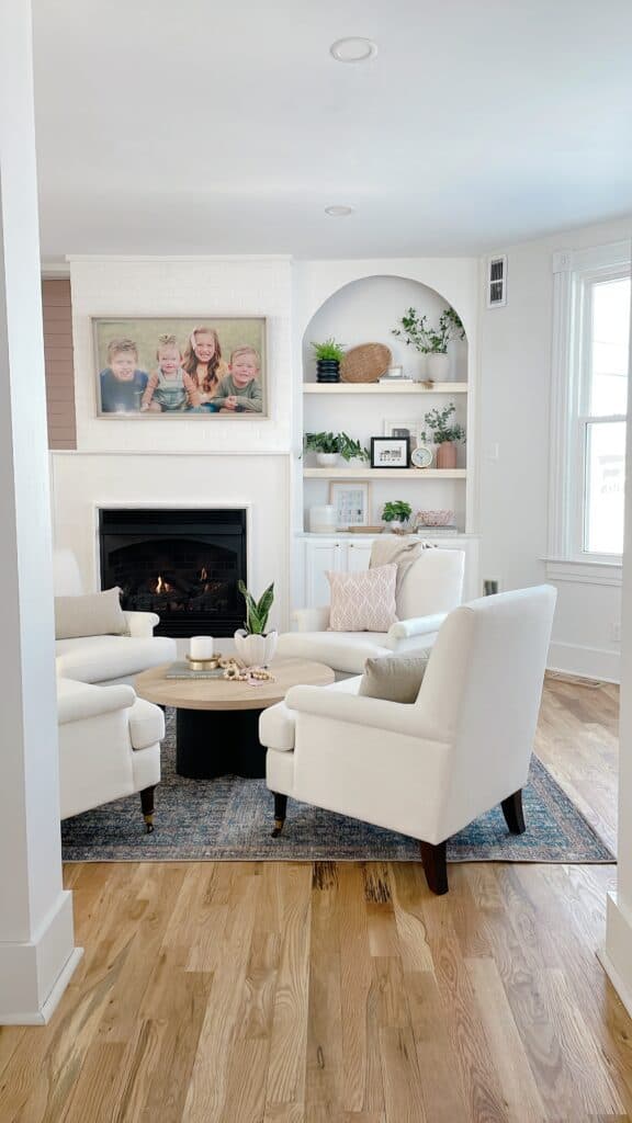 White living room with IKEA hack coffee table 