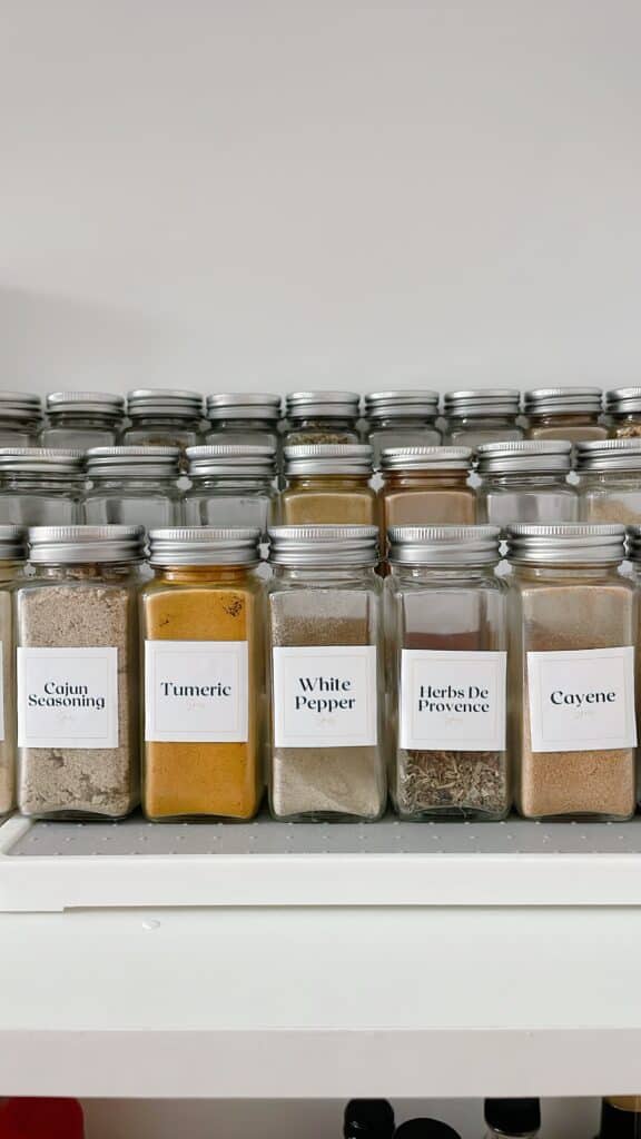 spices perfectly labeled with free printable pantry labels