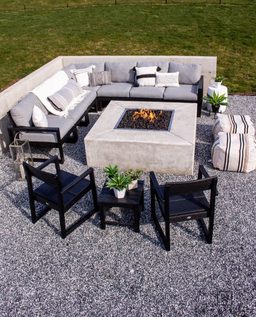 outdoor lounge space with fire table