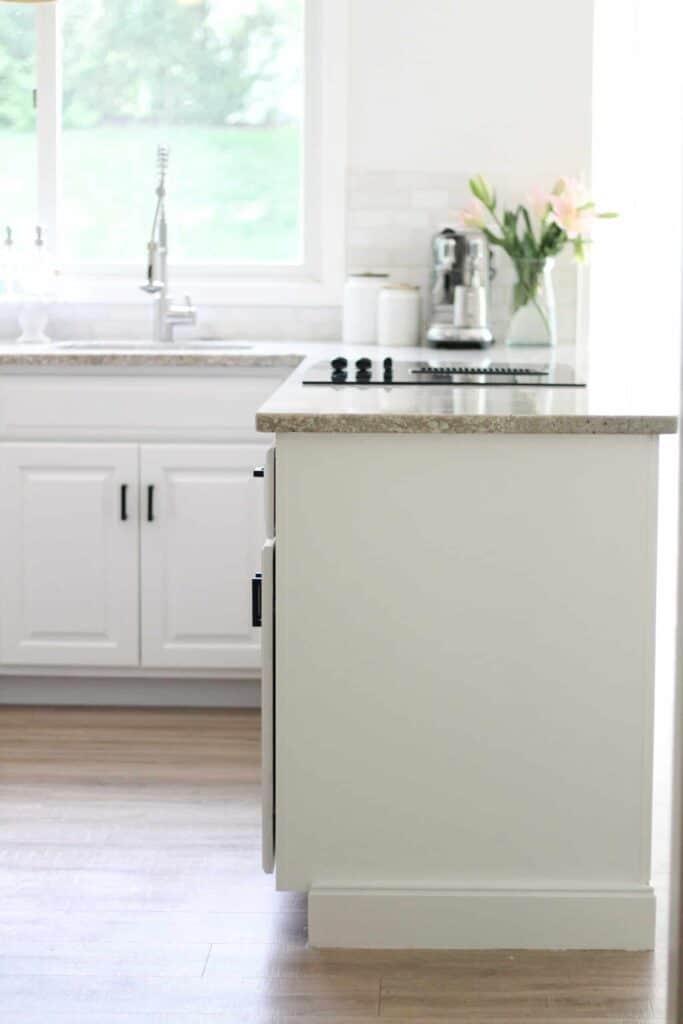 side view of painted white cabinets
