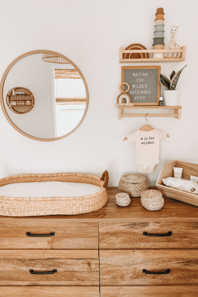 boho simple nursery shelves