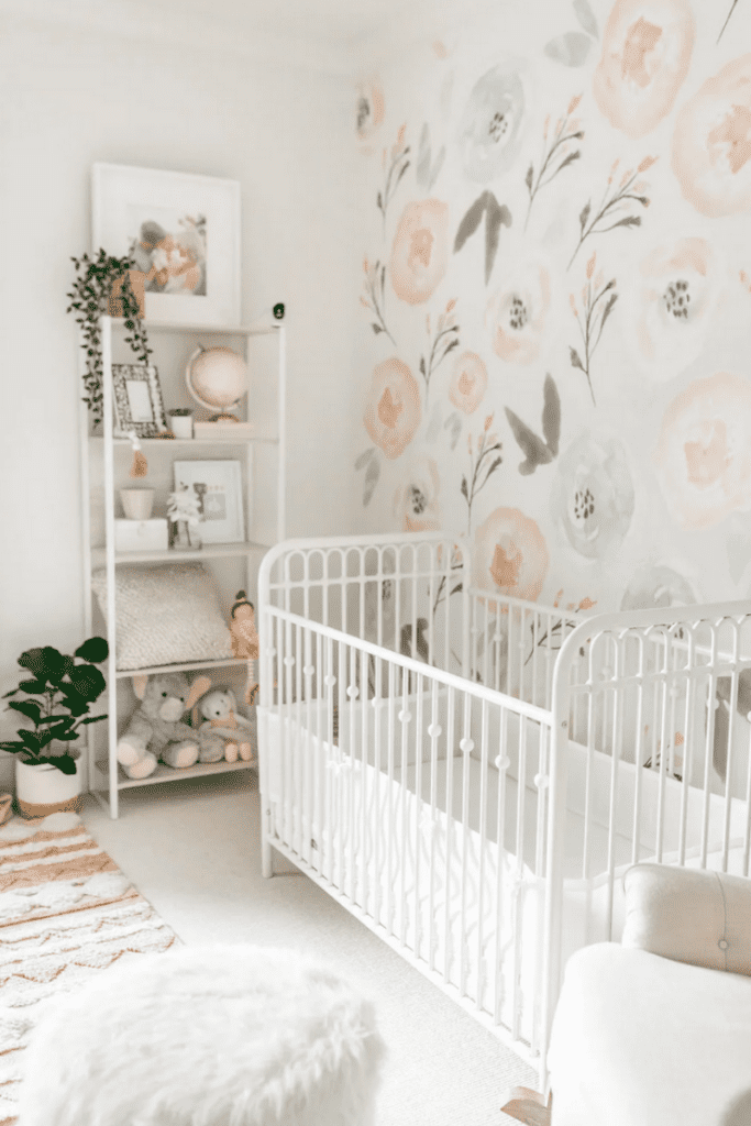 feminine nursery bookshelf decor