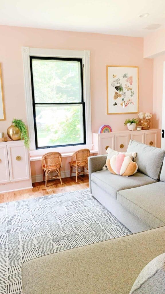 neutral area rug in playroom