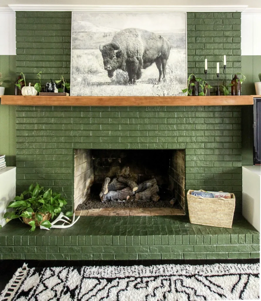 Painting stone fireplace ideas with a boho green fireplace painted