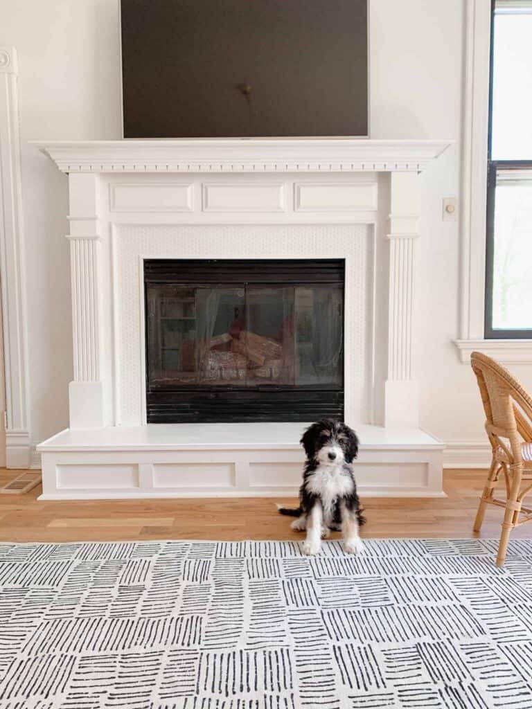 Painting stone fireplace ideas: peel and stick + white painted mantel